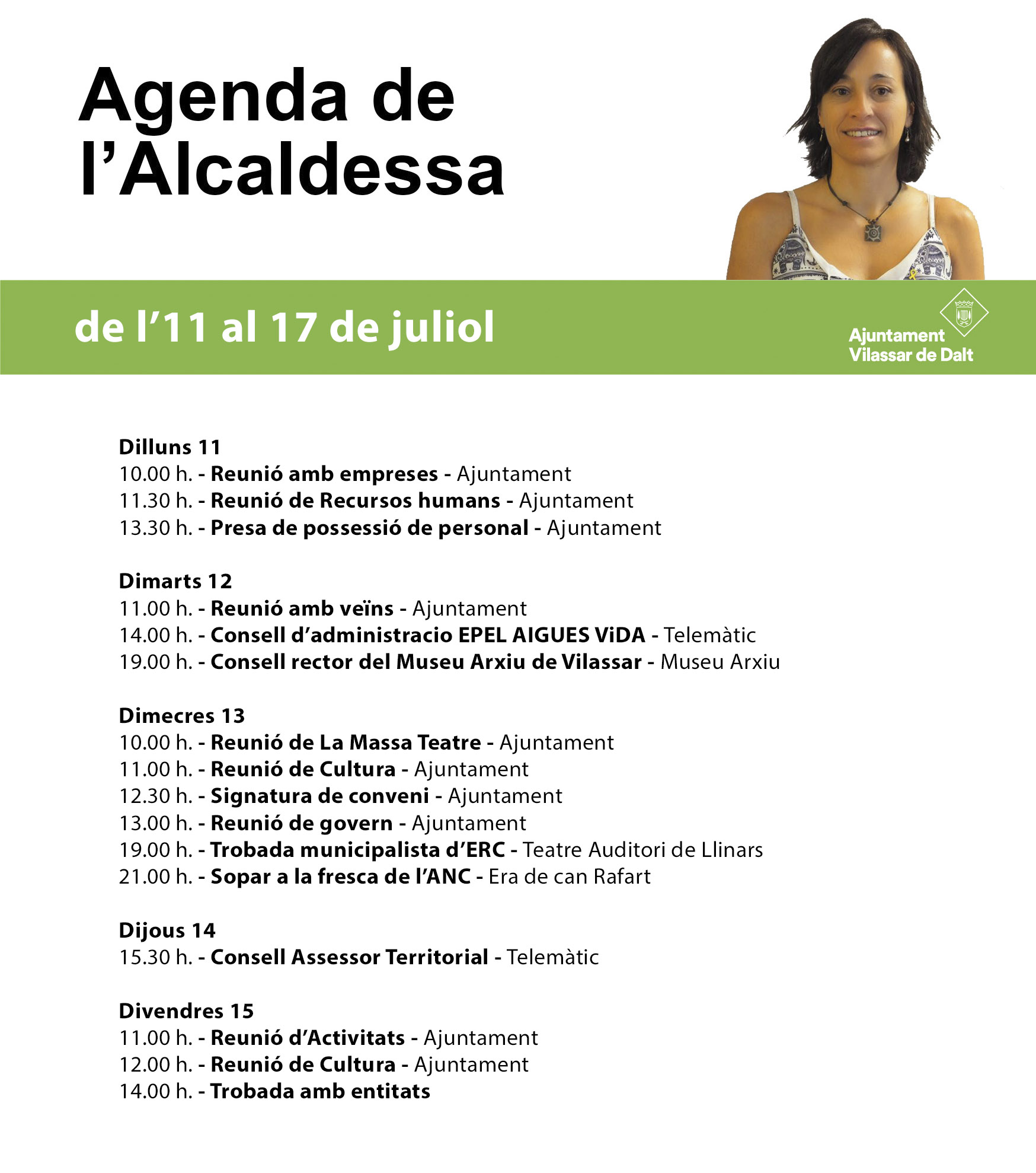 Agenda de l'alcaldessa. De l'11 al 17 de juliol