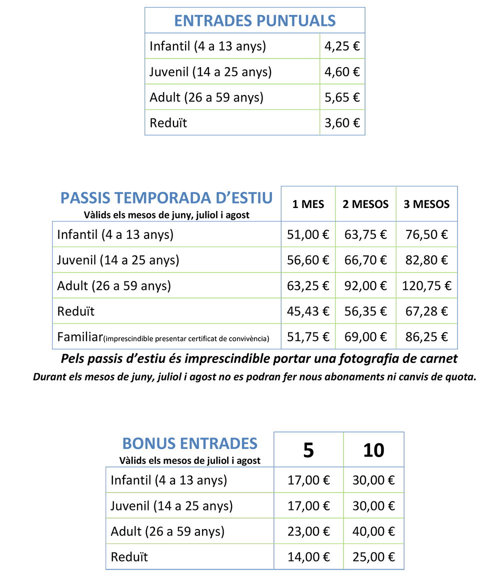 Preus piscina municipal estiu 2019