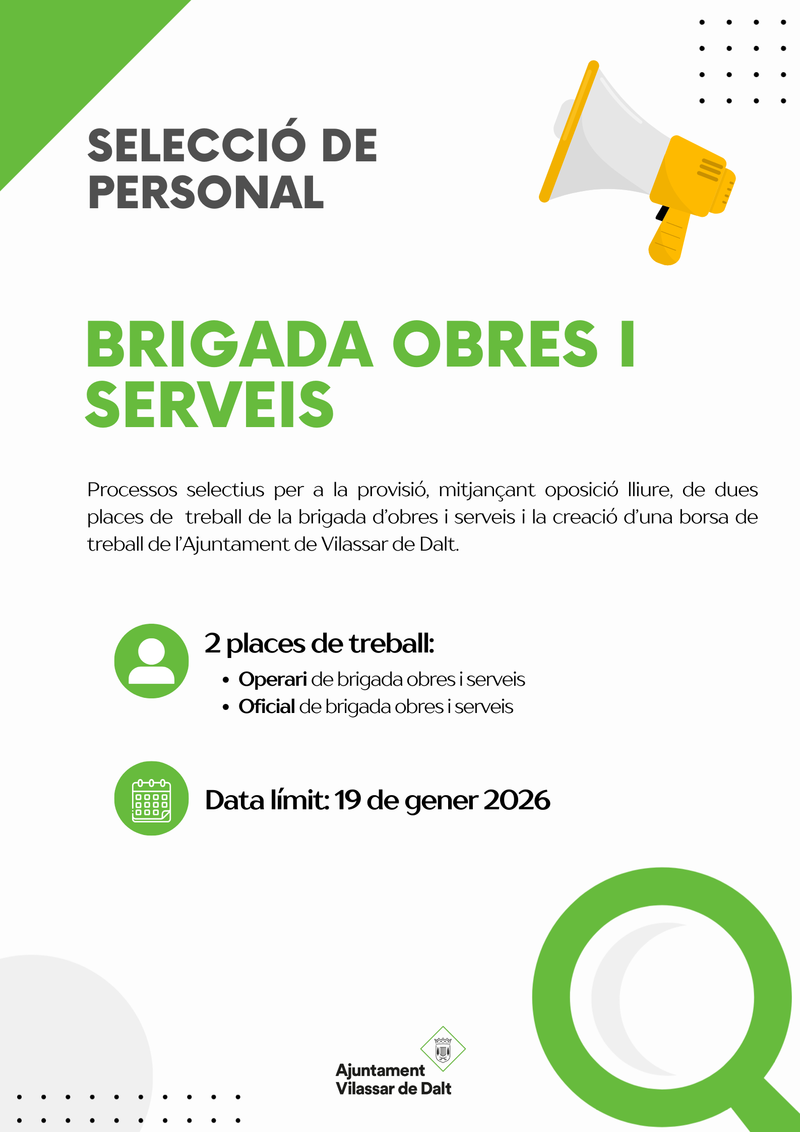 Processos selectius per cobrir dues places de la brigada d'obres i serveis